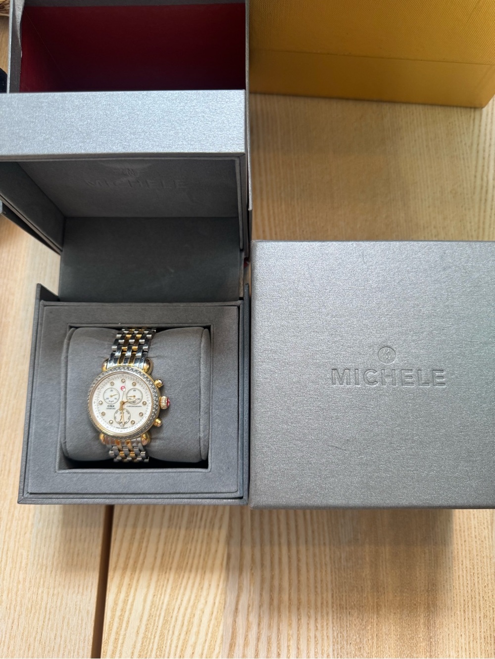 Michele Two-Tone Gold and Silver Chronograph Watch with White Dial